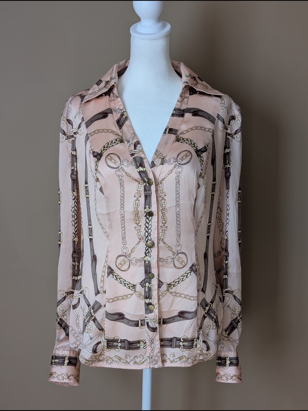 Vtg Caché Silk Blouse M Pink Chain Belt Print V Neck Top